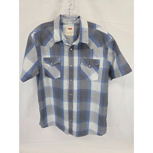 Levis Western Pearl Snap Plaid Cowboy Shirt Short Sleeve Standard Fit Size Large - Picture 1 of 9